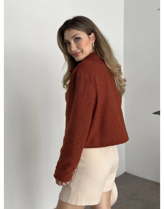 Teddy fermuarlı astarlı kısa ceket kiremit