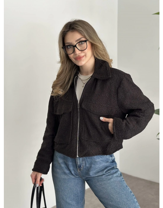 Teddy fermuarlı astarlı kısa ceket siyah