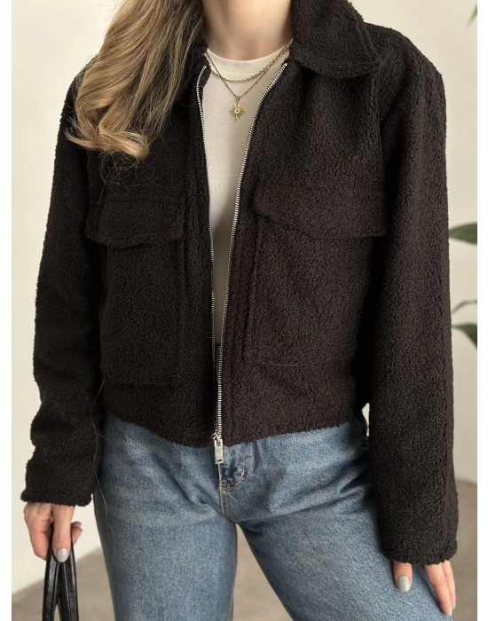 Teddy fermuarlı astarlı kısa ceket siyah