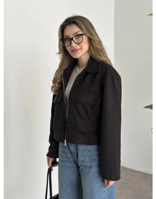 Teddy fermuarlı astarlı kısa ceket siyah