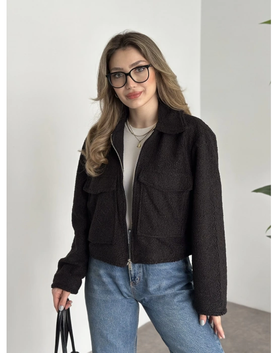 Teddy fermuarlı astarlı kısa ceket siyah