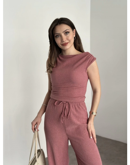 Tek omuz detay bürümcük kumaş takım pembe