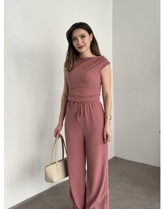 Tek omuz detay bürümcük kumaş takım pembe