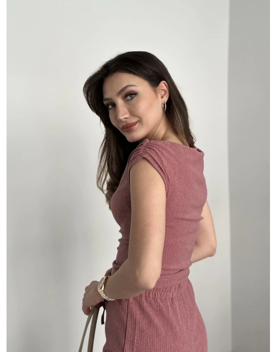 Tek omuz detay bürümcük kumaş takım pembe