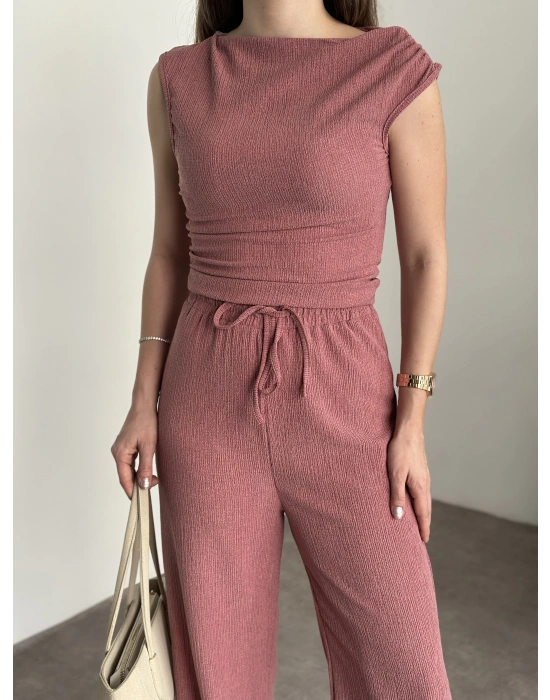 Tek omuz detay bürümcük kumaş takım pembe