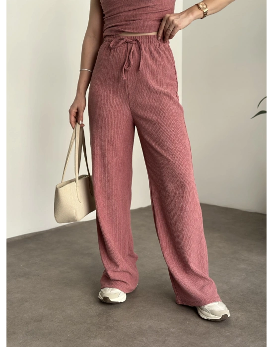 Tek omuz detay bürümcük kumaş takım pembe