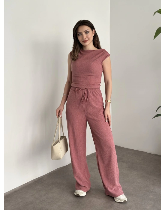 Tek omuz detay bürümcük kumaş takım pembe