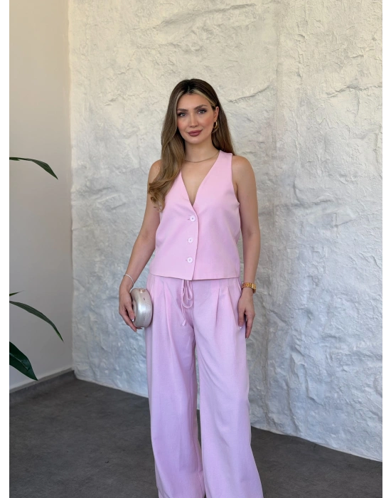 Terni keten yelekli takım pembe