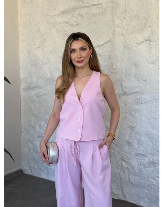 Terni keten yelekli takım pembe