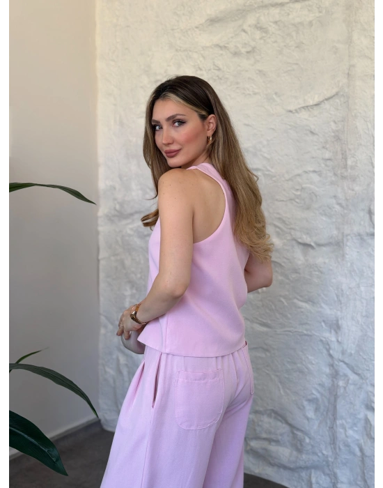 Terni keten yelekli takım pembe