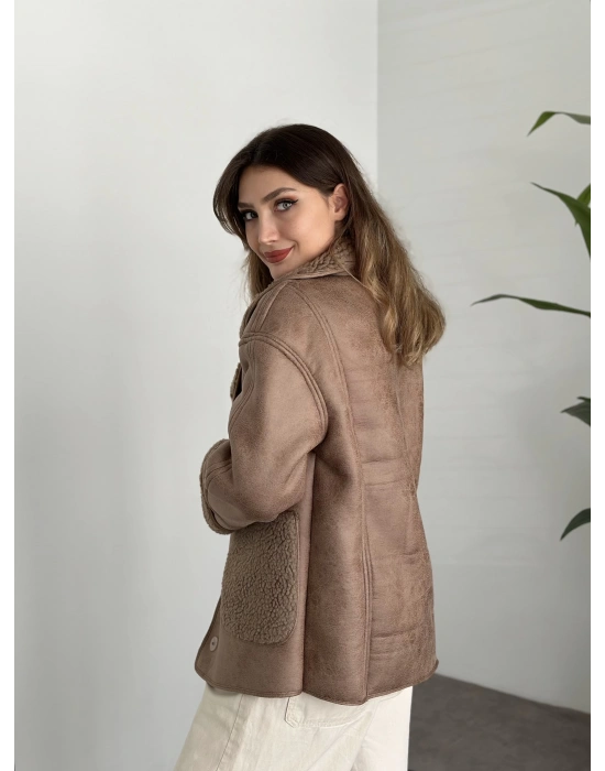 Ters cep detay lamineli mont kahve