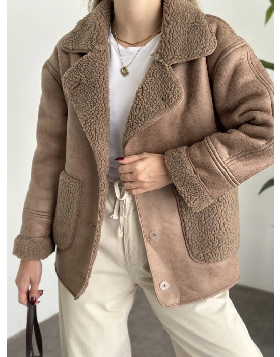 Ters cep detay lamineli mont kahve