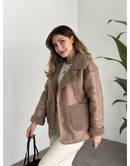 Ters cep detay lamineli mont kahve