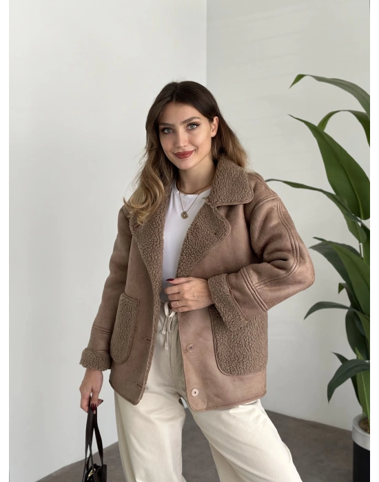 Ters cep detay lamineli mont kahve