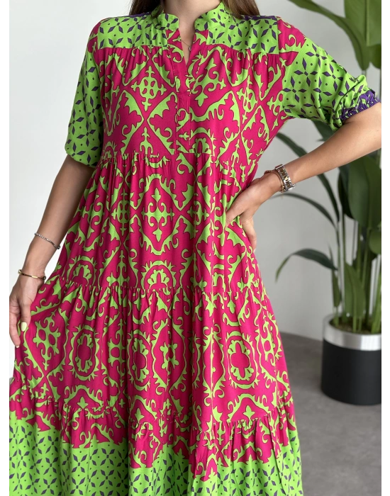 Üç kat Parçalı Bol Kesim Pamuklu Viskon Kumaş Elbise Yeşil Pembe