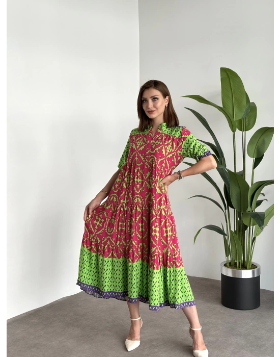 Üç kat Parçalı Bol Kesim Pamuklu Viskon Kumaş Elbise Yeşil Pembe