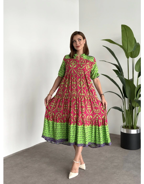 Üç kat Parçalı Bol Kesim Pamuklu Viskon Kumaş Elbise Yeşil Pembe