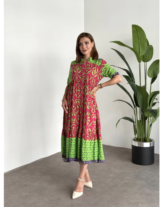 Üç kat Parçalı Bol Kesim Pamuklu Viskon Kumaş Elbise Yeşil Pembe