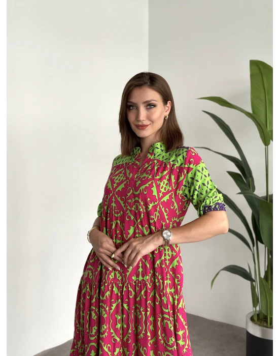 Üç kat Parçalı Bol Kesim Pamuklu Viskon Kumaş Elbise Yeşil Pembe