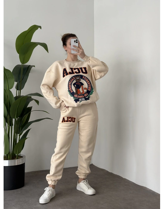 Üç iplik şardonlu ucla baskı eşofman takımı krem