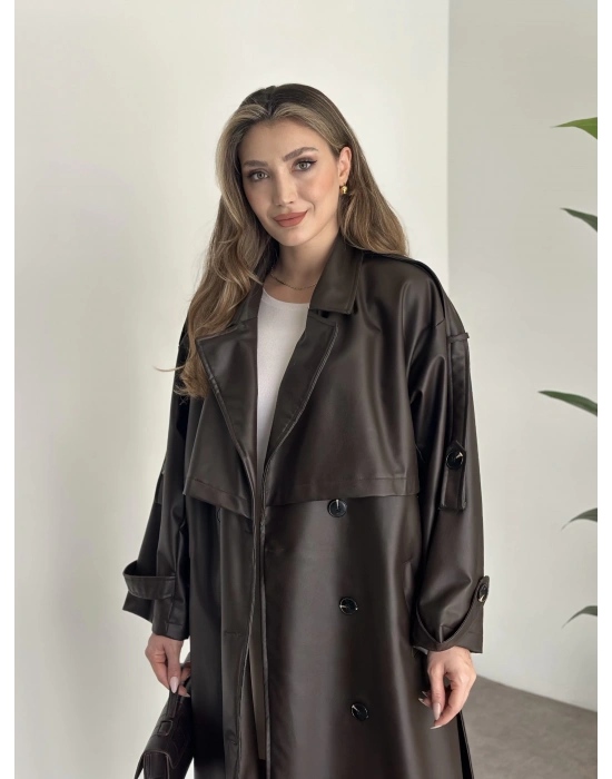 Uzun beli kuşaklı oversize astarlı deri trençkot kahve