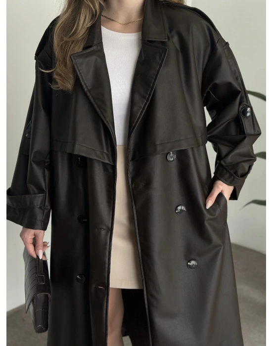 Uzun beli kuşaklı oversize astarlı deri trençkot kahve