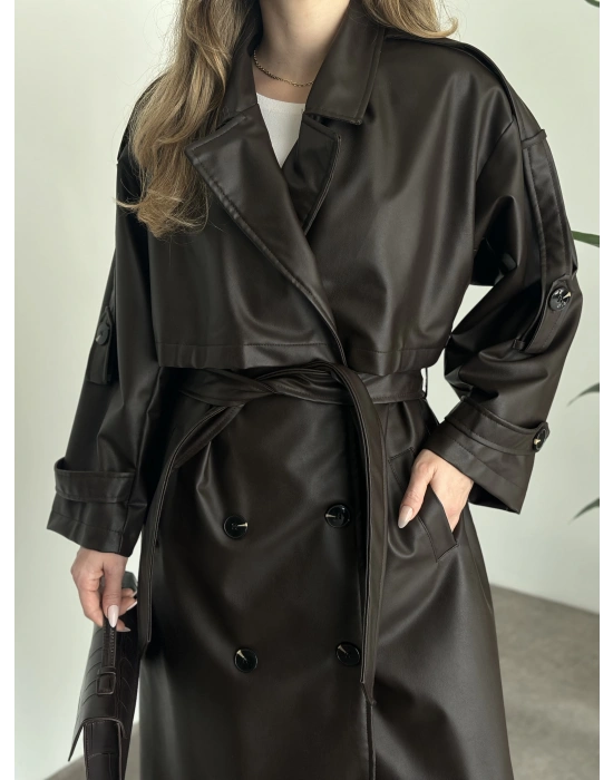 Uzun beli kuşaklı oversize astarlı deri trençkot kahve