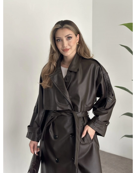 Uzun beli kuşaklı oversize astarlı deri trençkot kahve