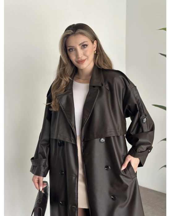 Uzun beli kuşaklı oversize astarlı deri trençkot kahve