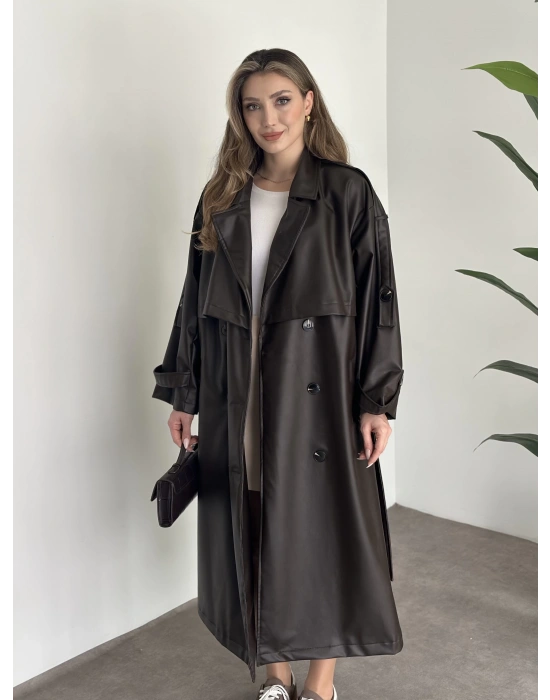 Uzun beli kuşaklı oversize astarlı deri trençkot kahve