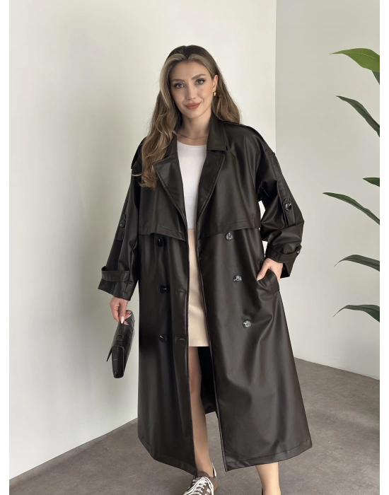Uzun beli kuşaklı oversize astarlı deri trençkot kahve