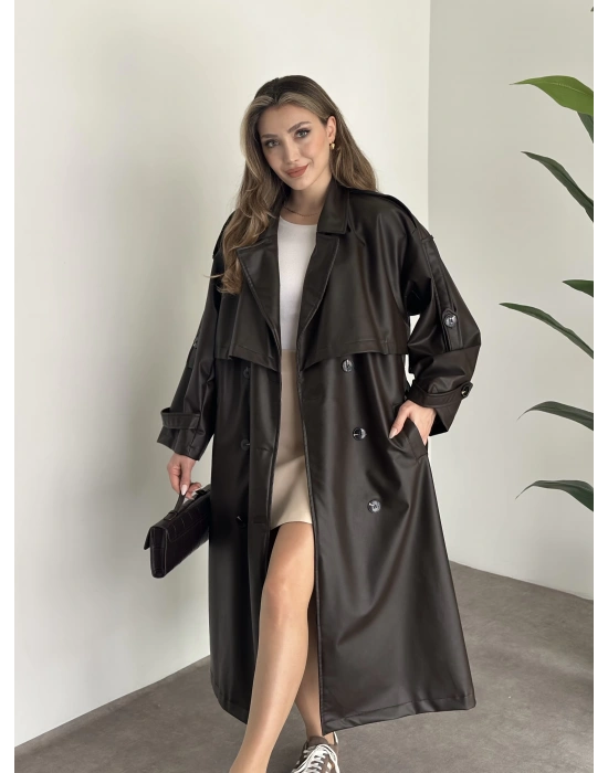 Uzun beli kuşaklı oversize astarlı deri trençkot kahve