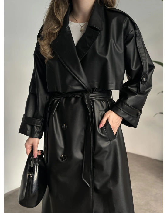 Uzun beli kuşaklı oversize astarlı deri trençkot siyah
