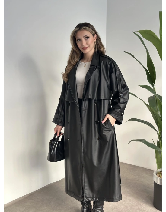 Uzun beli kuşaklı oversize astarlı deri trençkot siyah