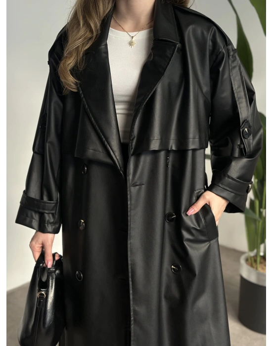 Uzun beli kuşaklı oversize astarlı deri trençkot siyah