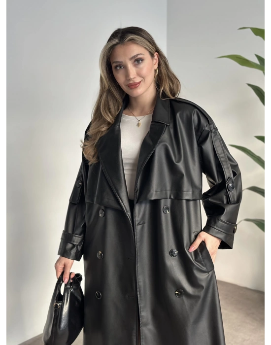 Uzun beli kuşaklı oversize astarlı deri trençkot siyah
