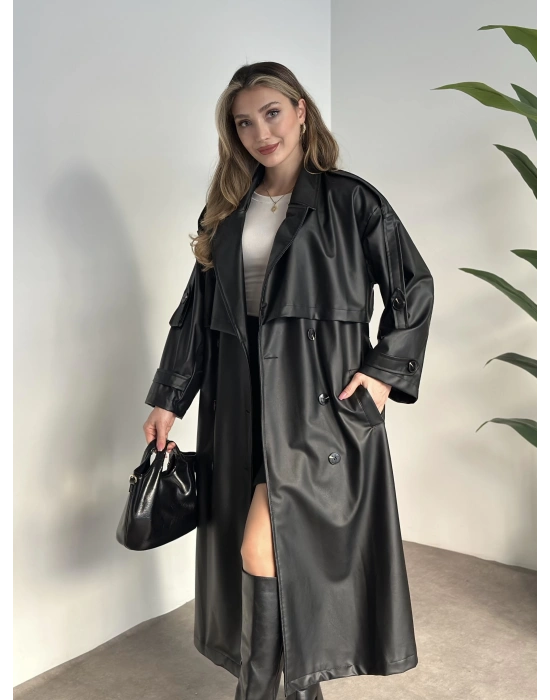 Uzun beli kuşaklı oversize astarlı deri trençkot siyah