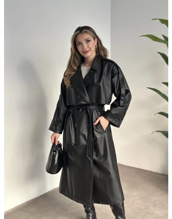 Uzun beli kuşaklı oversize astarlı deri trençkot siyah