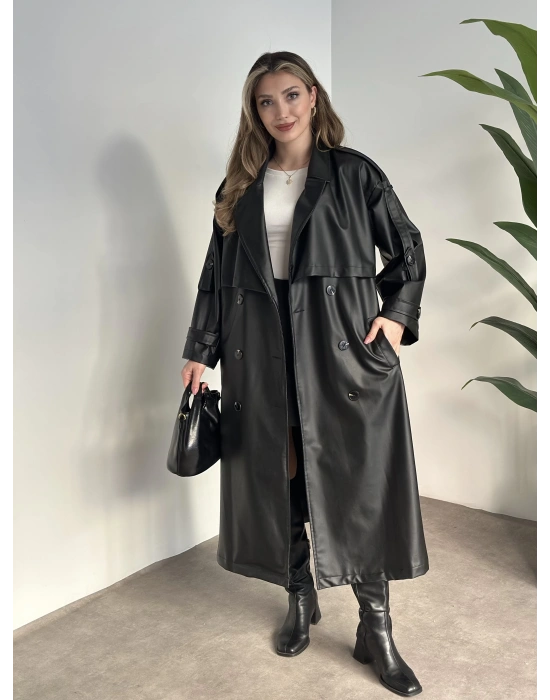 Uzun beli kuşaklı oversize astarlı deri trençkot siyah