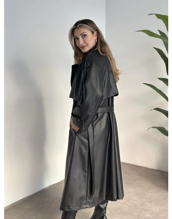 Uzun beli kuşaklı oversize astarlı deri trençkot siyah
