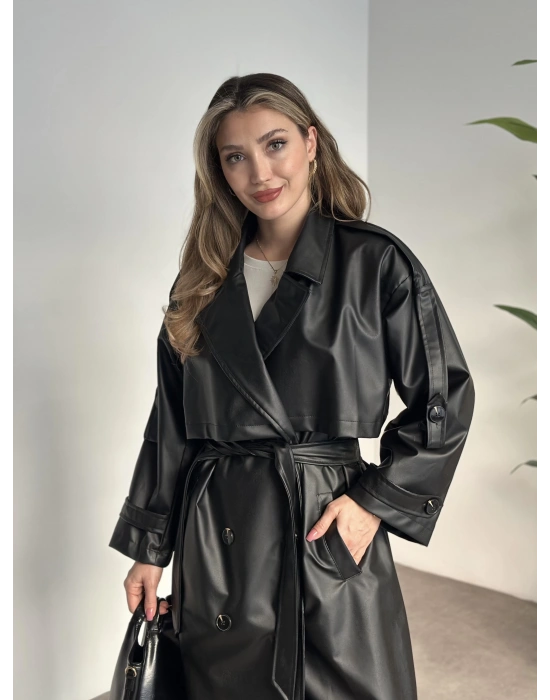 Uzun beli kuşaklı oversize astarlı deri trençkot siyah
