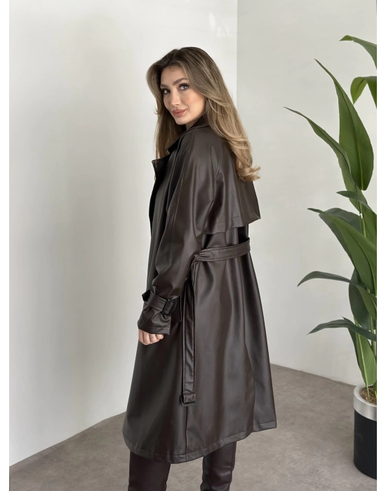 Uzun belinden kemerli deri trenç kahve