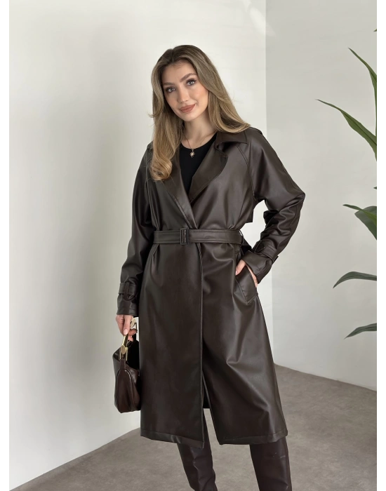 Uzun belinden kemerli deri trenç kahve