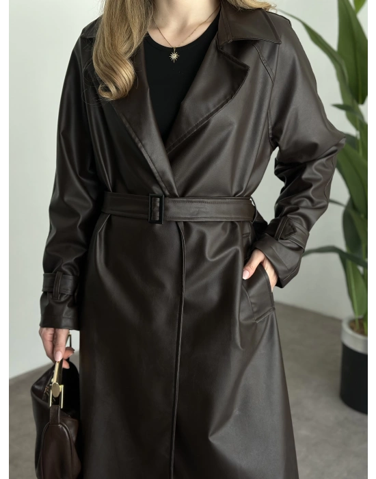 Uzun belinden kemerli deri trenç kahve