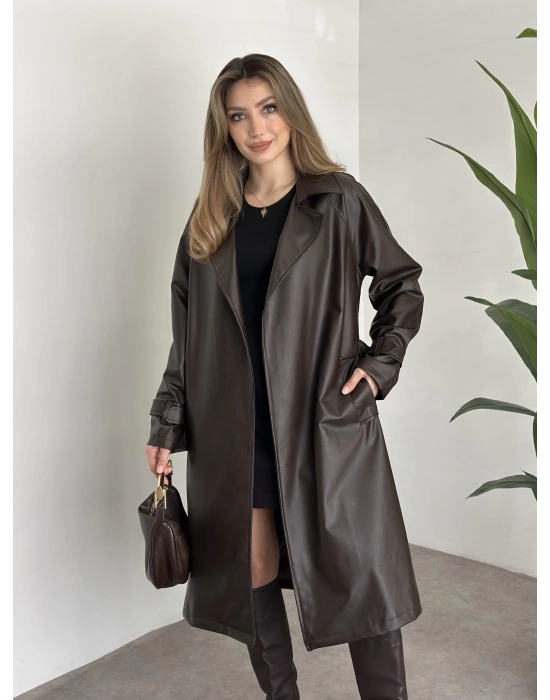 Uzun belinden kemerli deri trenç kahve