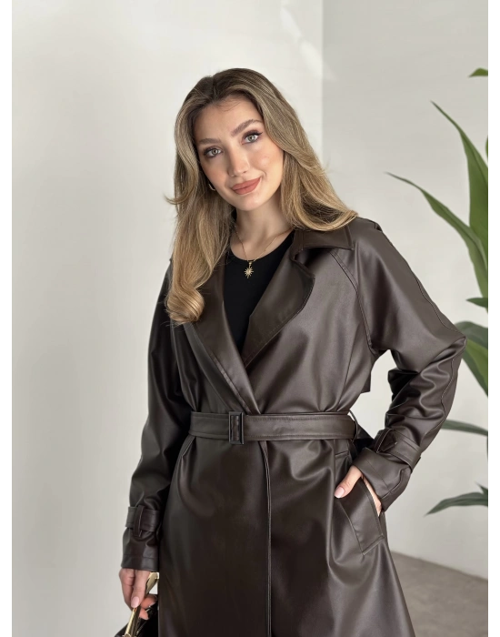 Uzun belinden kemerli deri trenç kahve