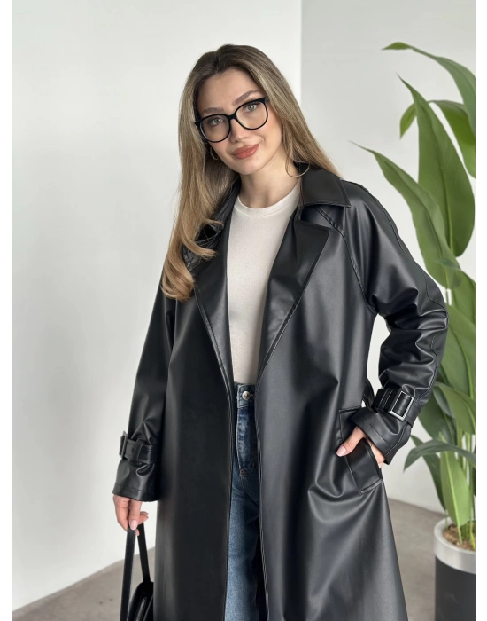 Uzun belinden kemerli deri trenç siyah