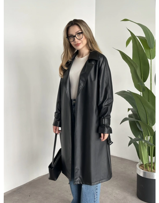 Uzun belinden kemerli deri trenç siyah