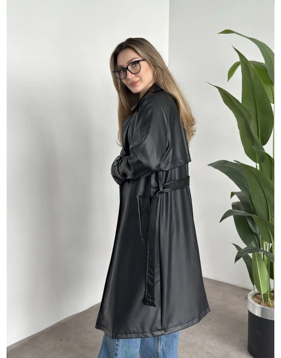 Uzun belinden kemerli deri trenç siyah