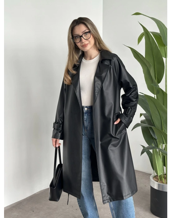 Uzun belinden kemerli deri trenç siyah